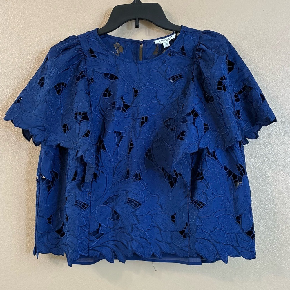 Chico's Royal Blue Floral Cutout Lace Flutter Sleeve Top